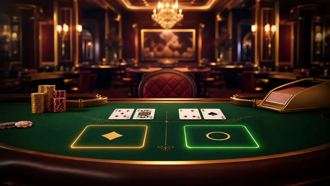 Meja baccarat hijau dengan kartu dan chip
