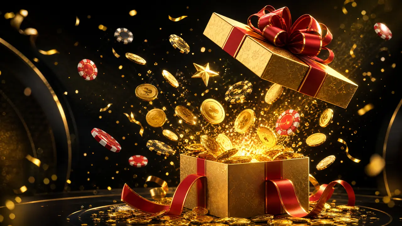 Kotak hadiah emas terbuka dengan koin dan chip beterbangan