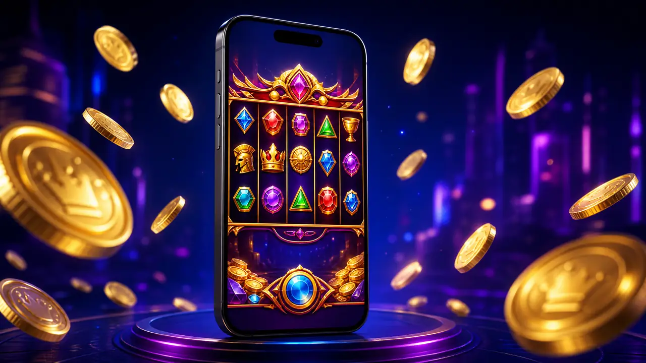 Tampilan permainan slot di ponsel dengan koin emas di sekelilingnya