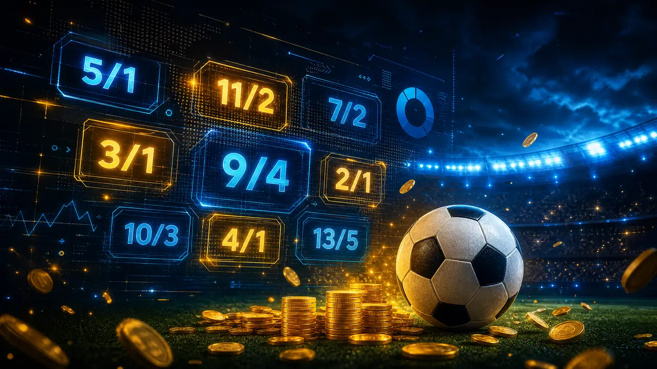 Papan skor digital dengan angka odds biru dan emas di atas stadion
