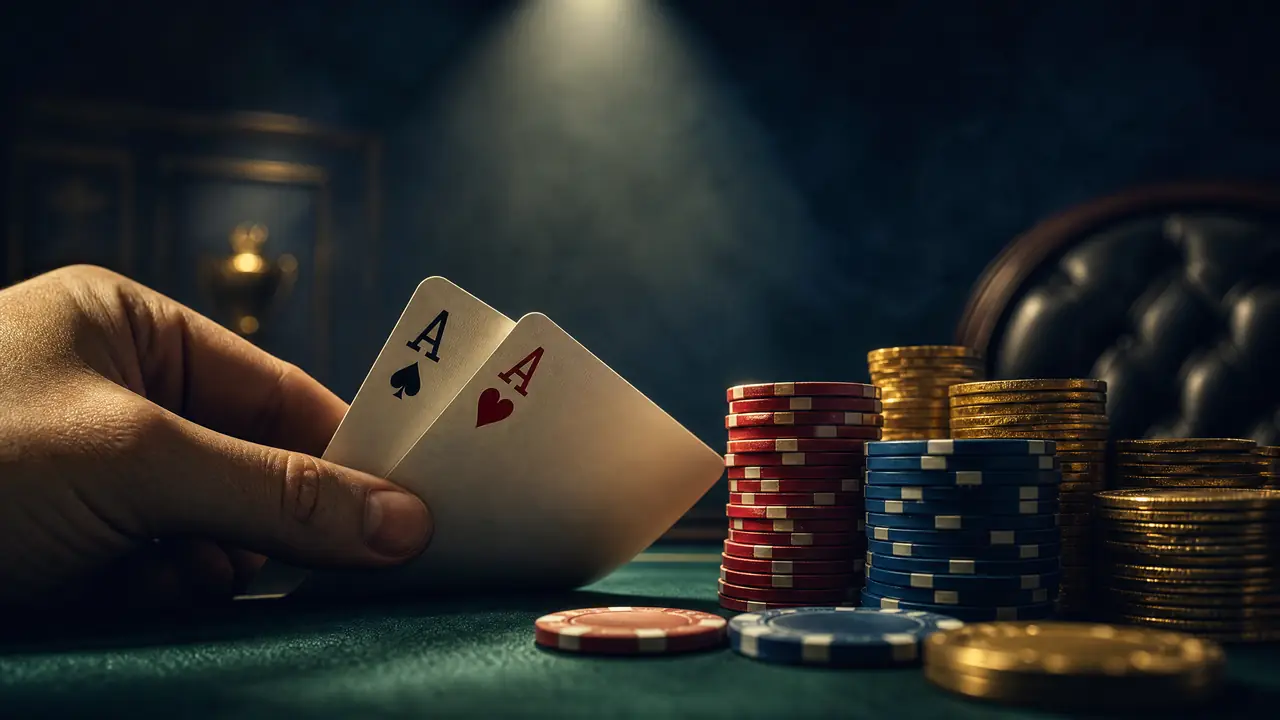 Dua kartu As dipegang di atas meja poker dengan tumpukan chip