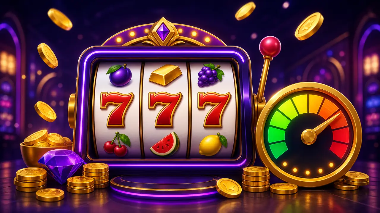 Mesin slot tiga gulungan dengan simbol tujuh dan buah